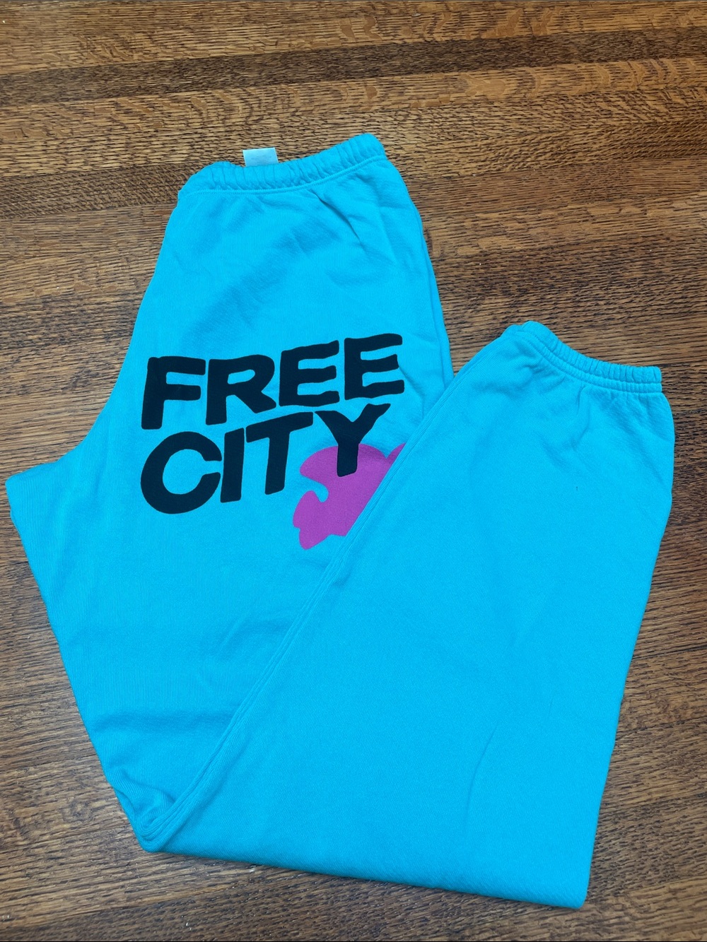 FREECITY Teal Sweatpants with Pink Graphic and Black Lettering NWOT size medium